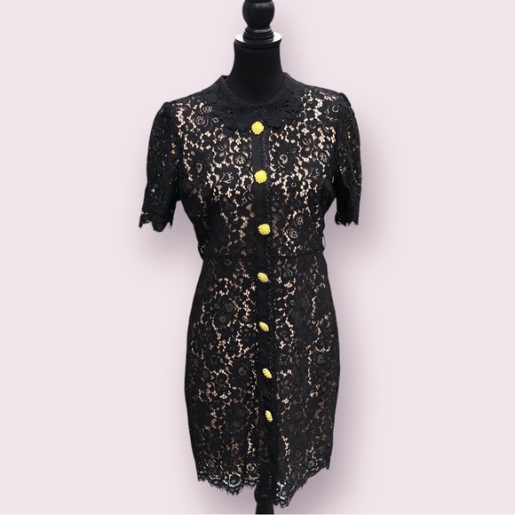 Dalia MacPhee Retro Black Lace Dress Size Large Short Sleeve Collared Mad Men - Picture 1 of 10